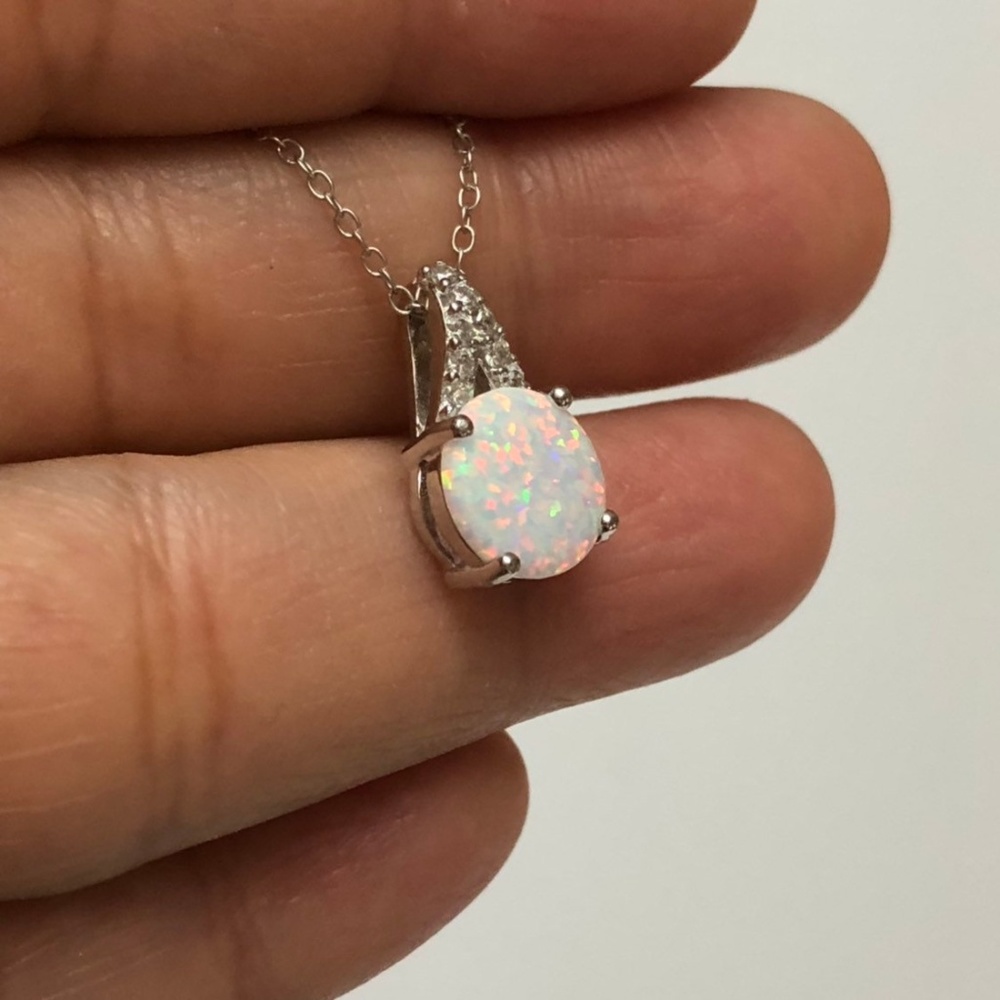 Fire Opal Necklace Round White Opal Pendant, Minim - Picture 4 of 8